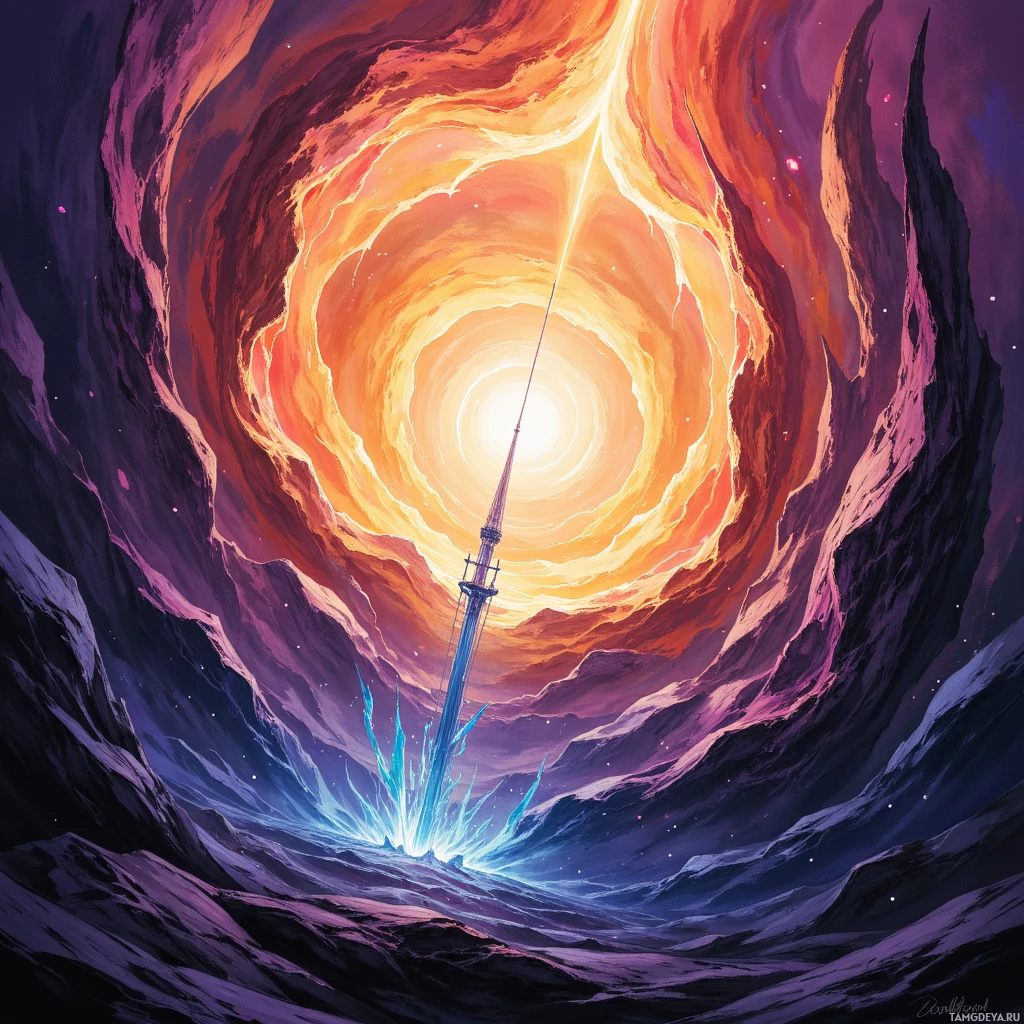 A vibrant, swirling cosmic scene with a bright light at the center and a glowing structure extending upwards.