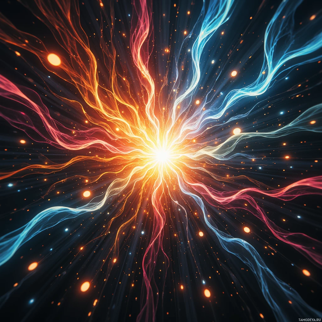 A vibrant cosmic explosion with swirling energy streams and glowing particles.