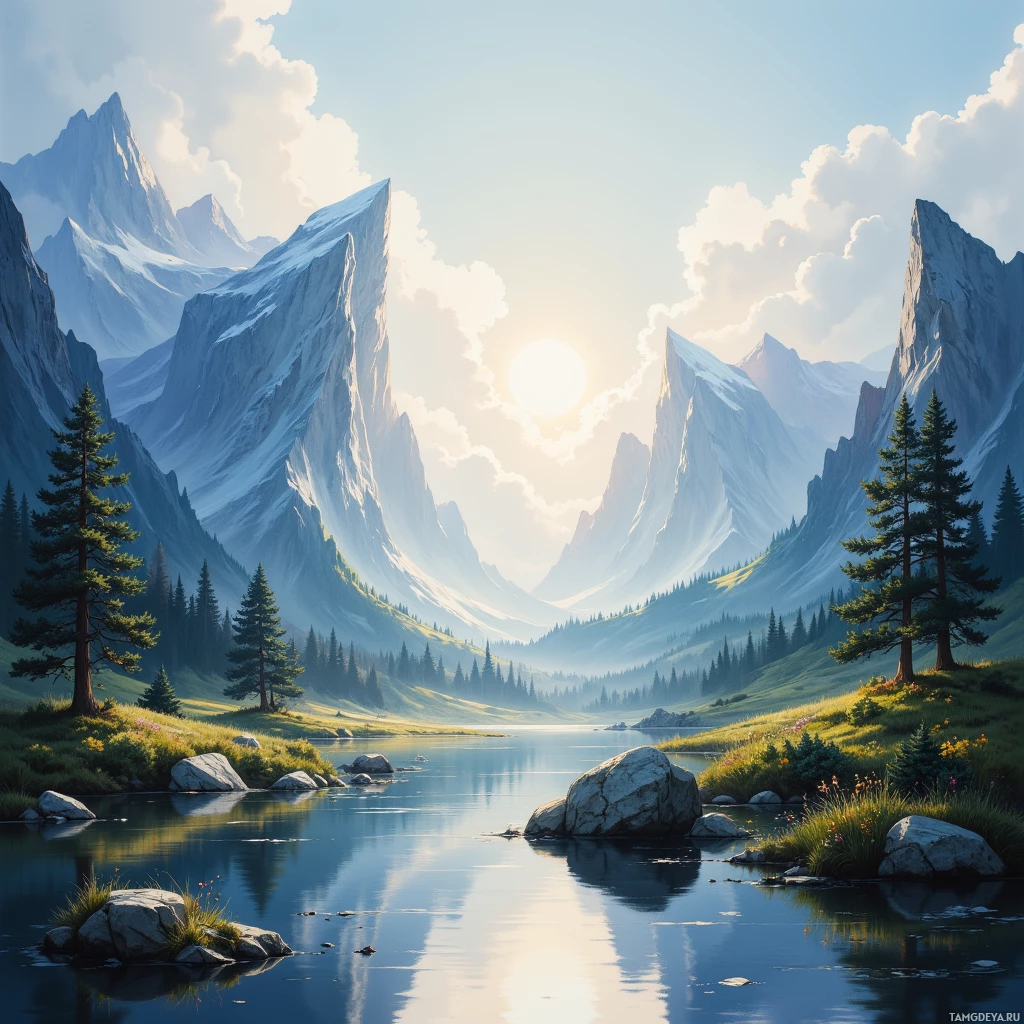 A serene mountain landscape with a calm lake reflecting the sun and surrounding greenery.