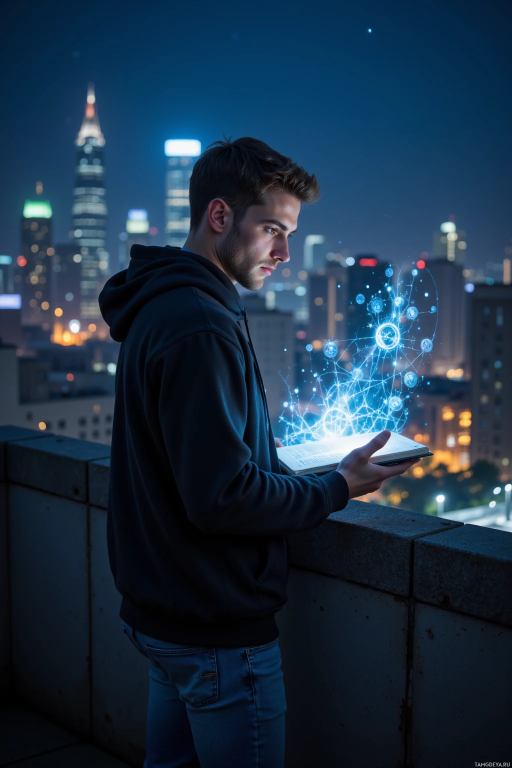 A person stands on a rooftop at night, holding a glowing book with a cityscape in the background.