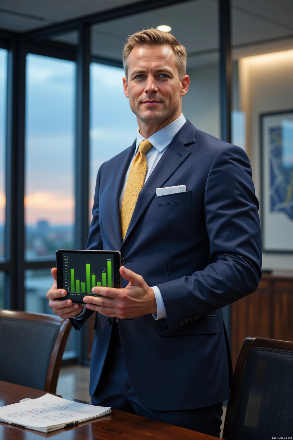 A man in a suit holds a tablet displaying a bar graph.