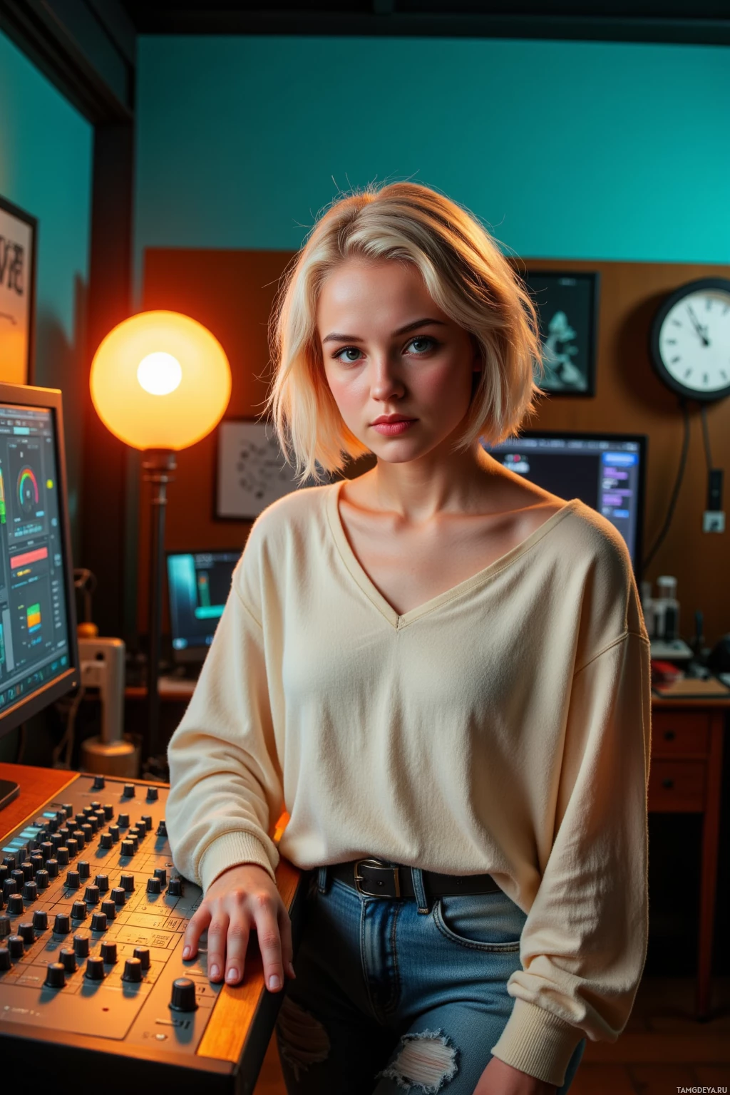 A person stands in a studio setting, leaning on a control panel, wearing a beige sweater and jeans.