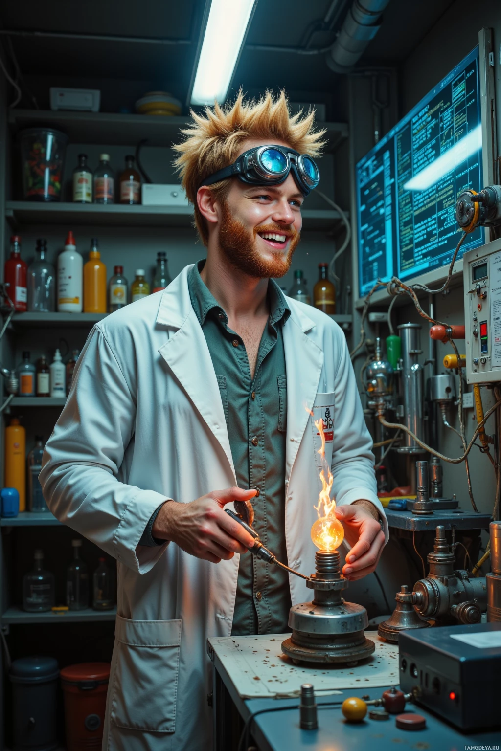 A person in a lab coat and goggles is holding a glowing object in a laboratory setting.