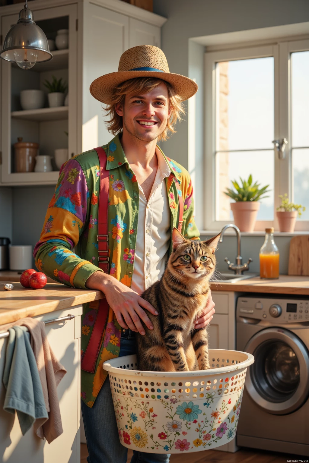 A person in a colorful shirt holds a cat in a laundry basket in a kitchen.