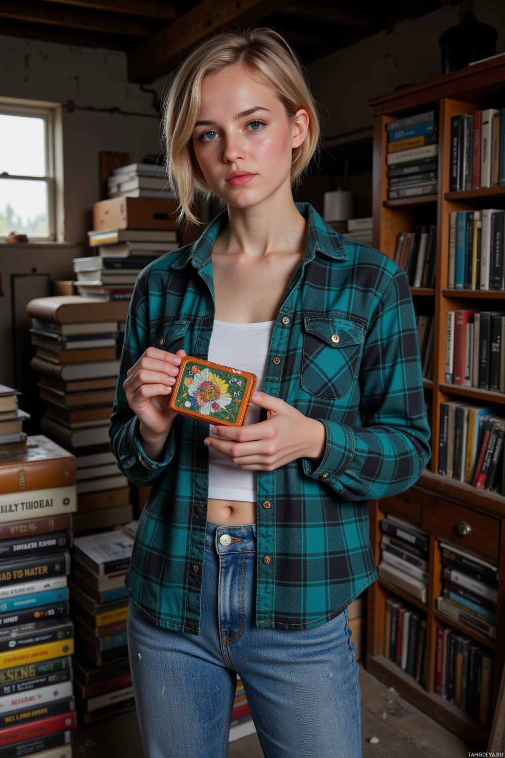 A person stands in a room with books, holding a small, colorful object.