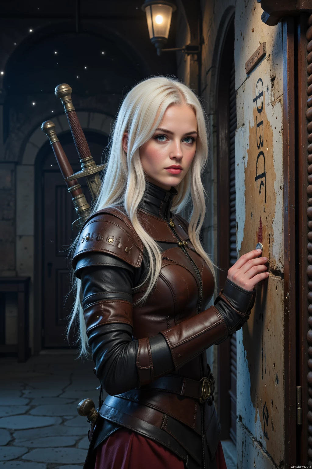 A woman in medieval-style armor stands in a dimly lit, stone-walled room.