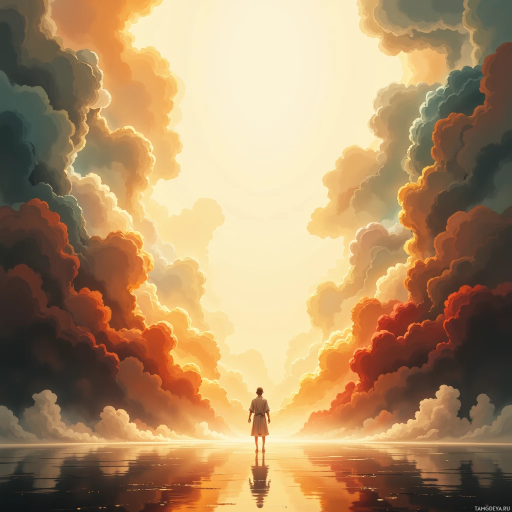 A solitary figure stands on a reflective surface, gazing at a vibrant sky filled with swirling clouds.