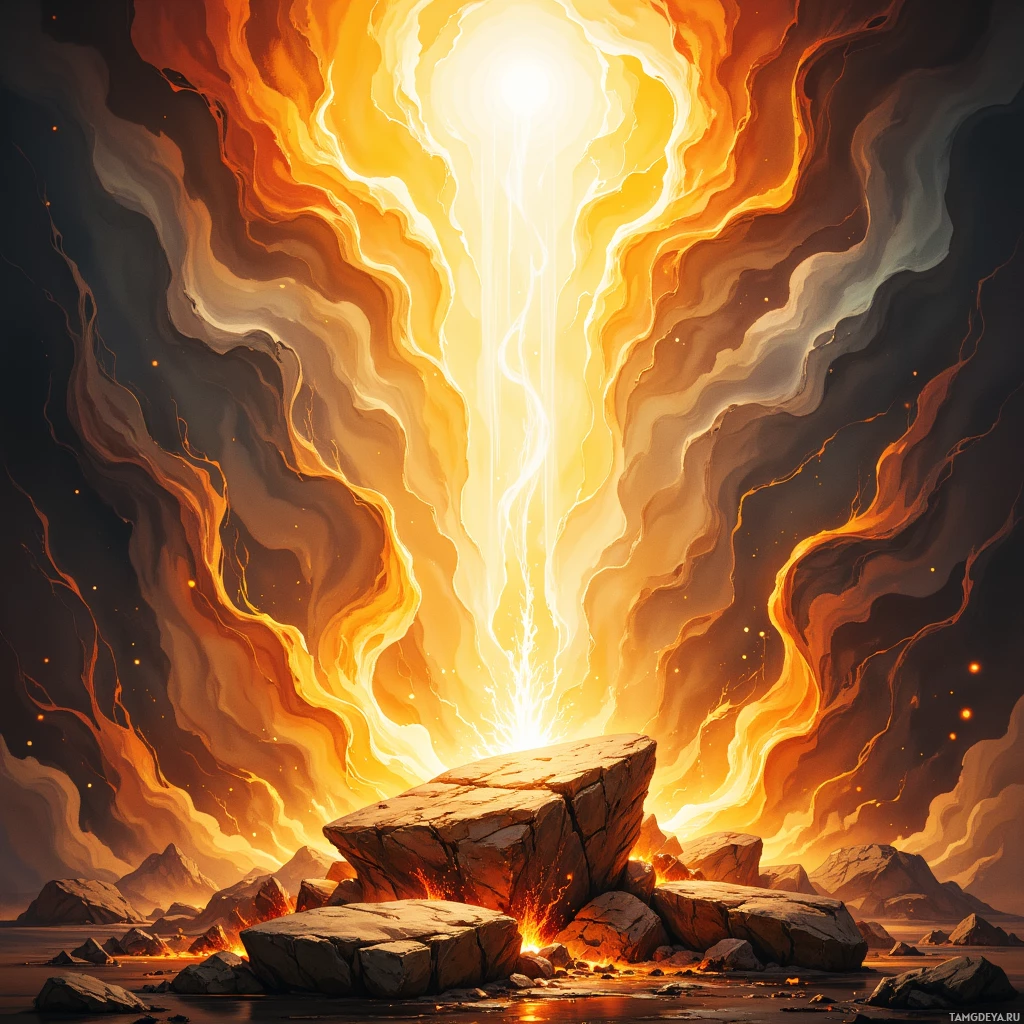 A fiery, glowing sky with swirling clouds and a rocky foreground.