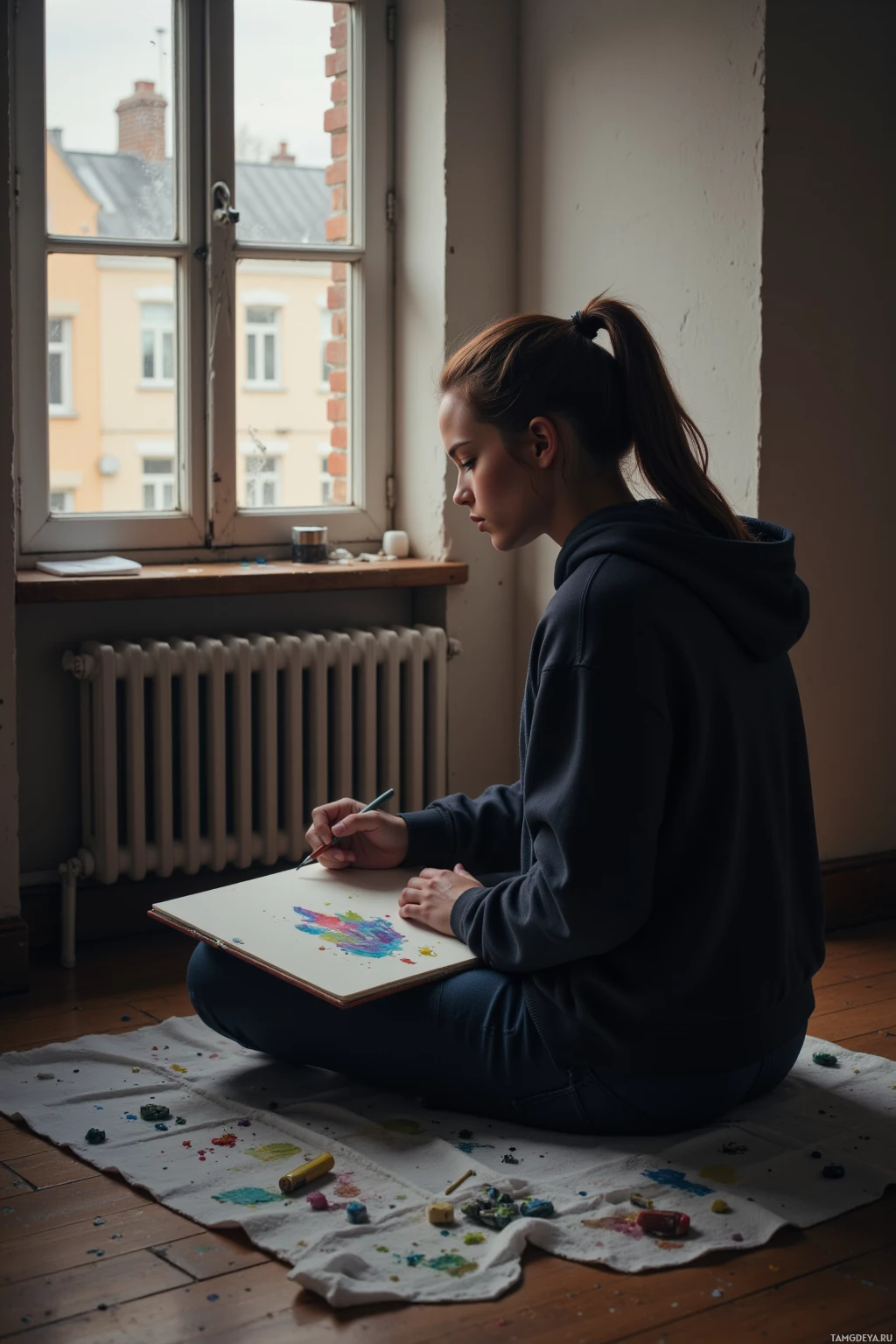 A person sits on the floor by a window, drawing on a sketchbook with pastel crayons.