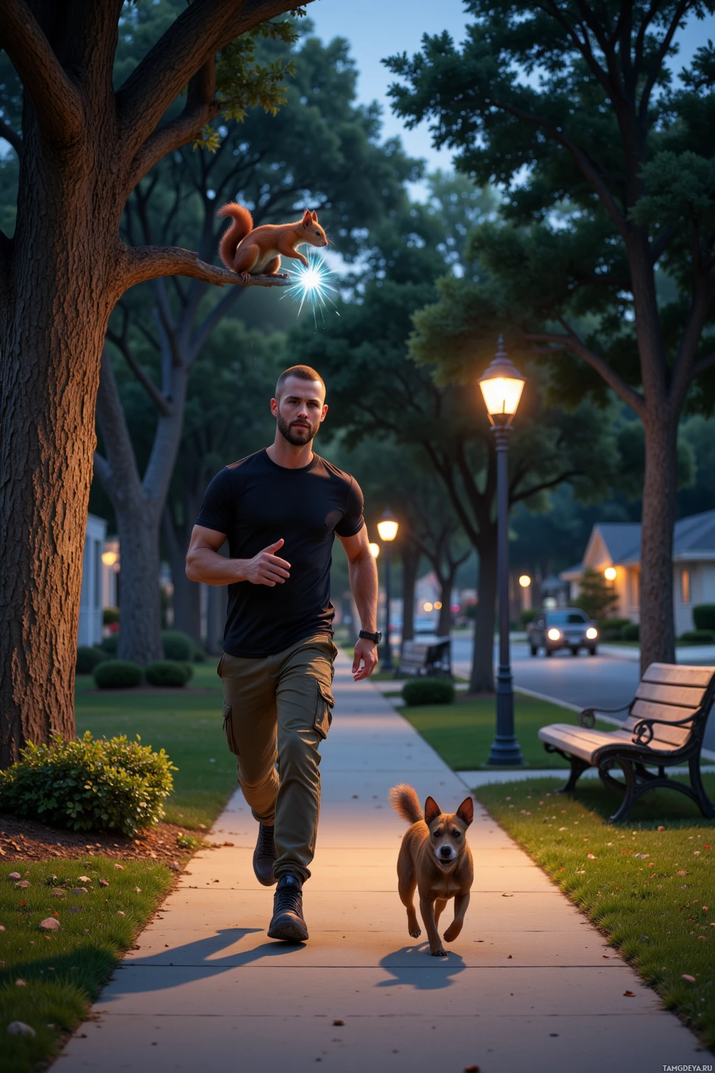 A man jogging with a dog on a sidewalk under streetlights.