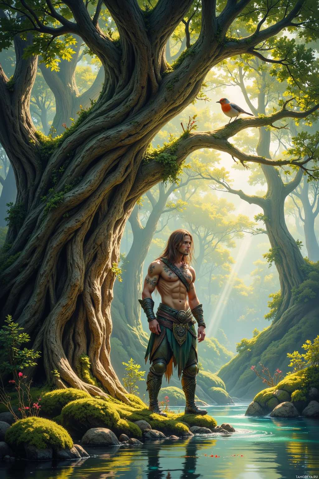 A muscular man stands in a lush forest, surrounded by ancient trees and a serene river.