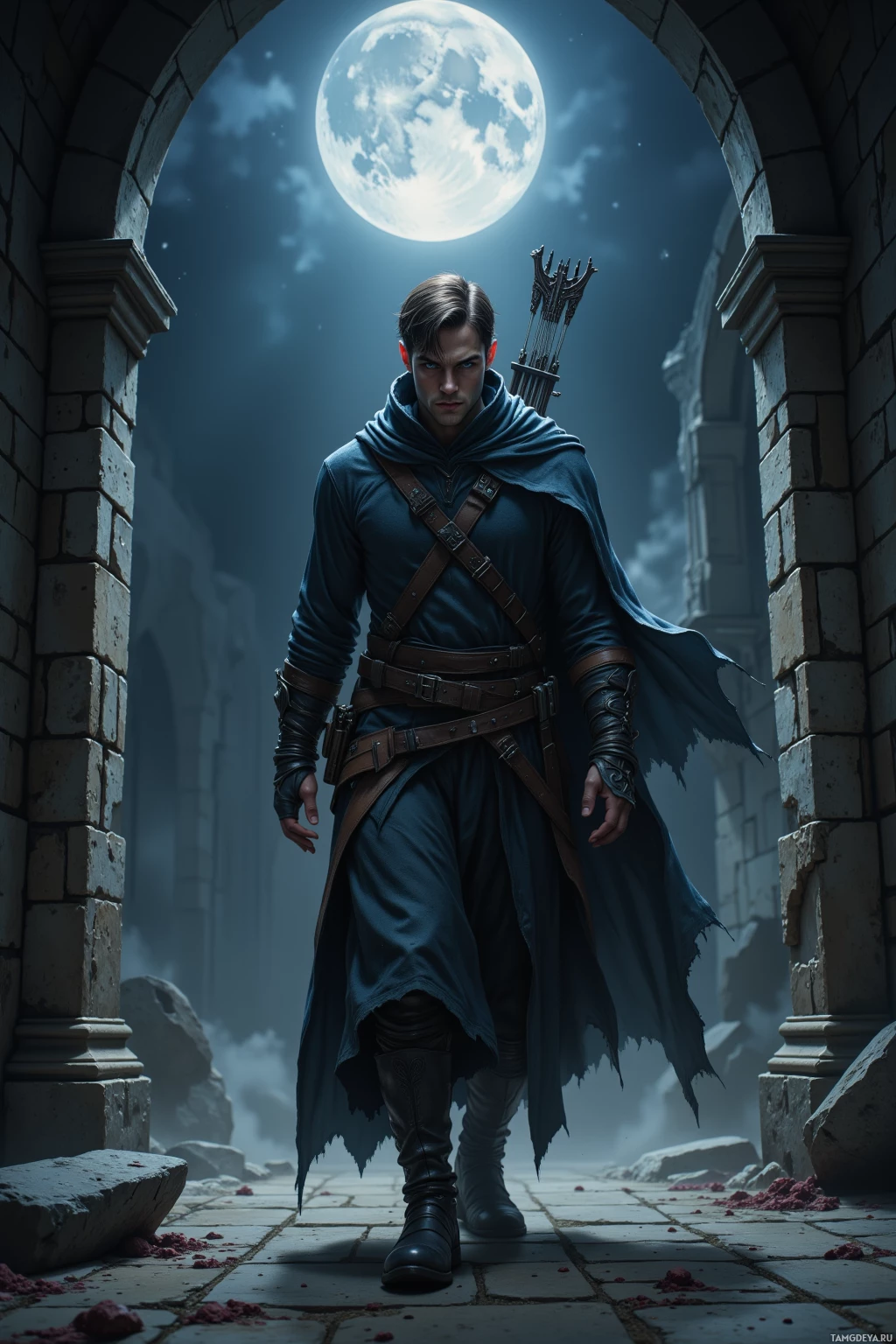 A warrior stands under a full moon, dressed in dark armor and a cloak, with a quiver of arrows on his back.