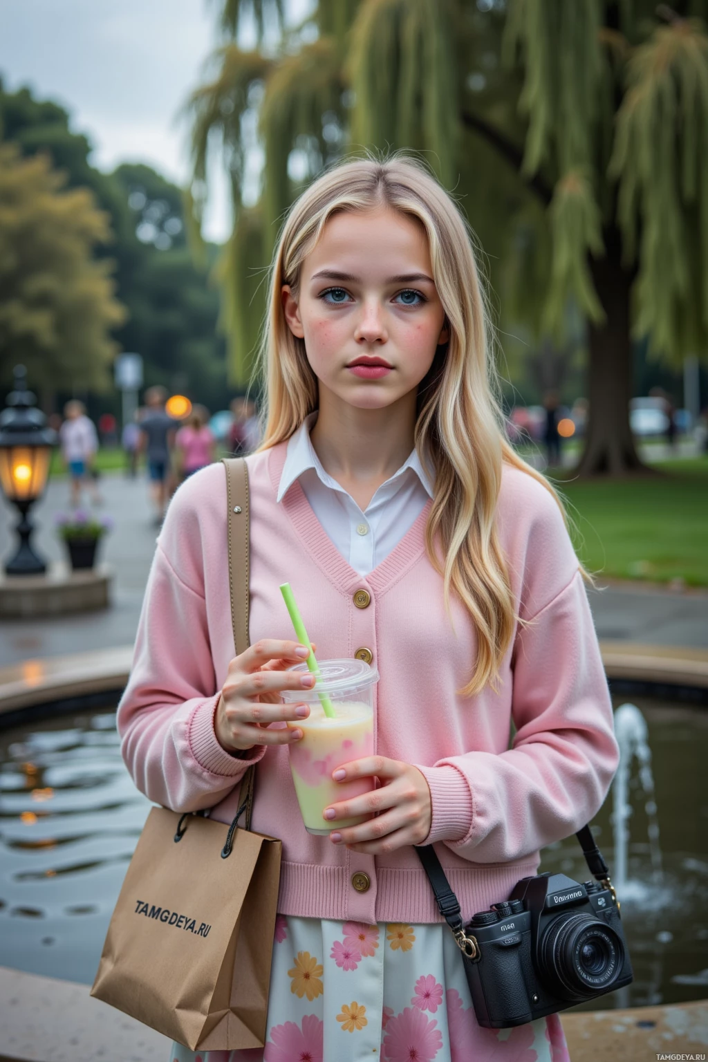 A young woman in a pink cardigan holds a drink and a shopping bag, standing near a fountain in a park.