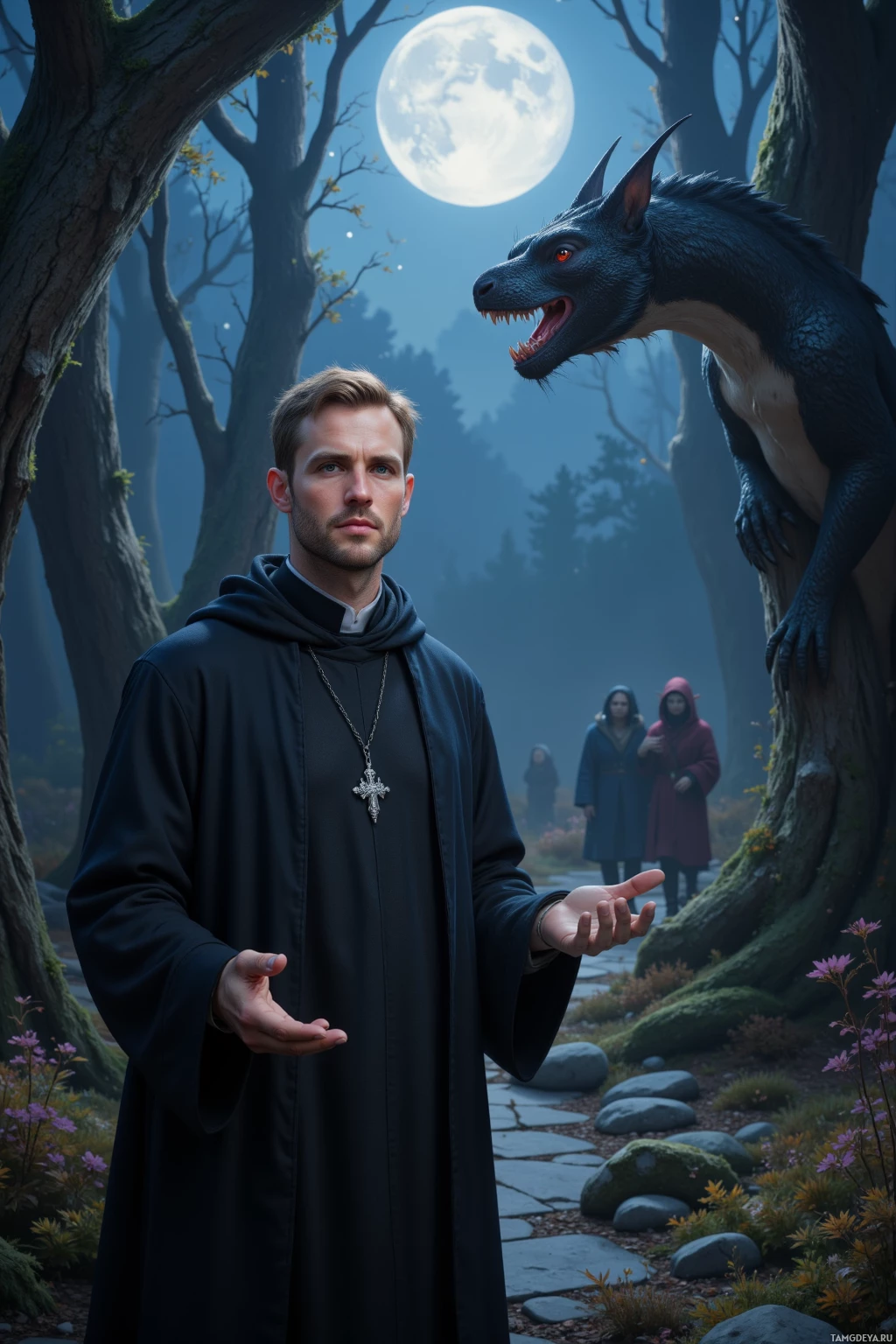 A man in a dark robe stands in a forest with a dragon and two figures in the background.