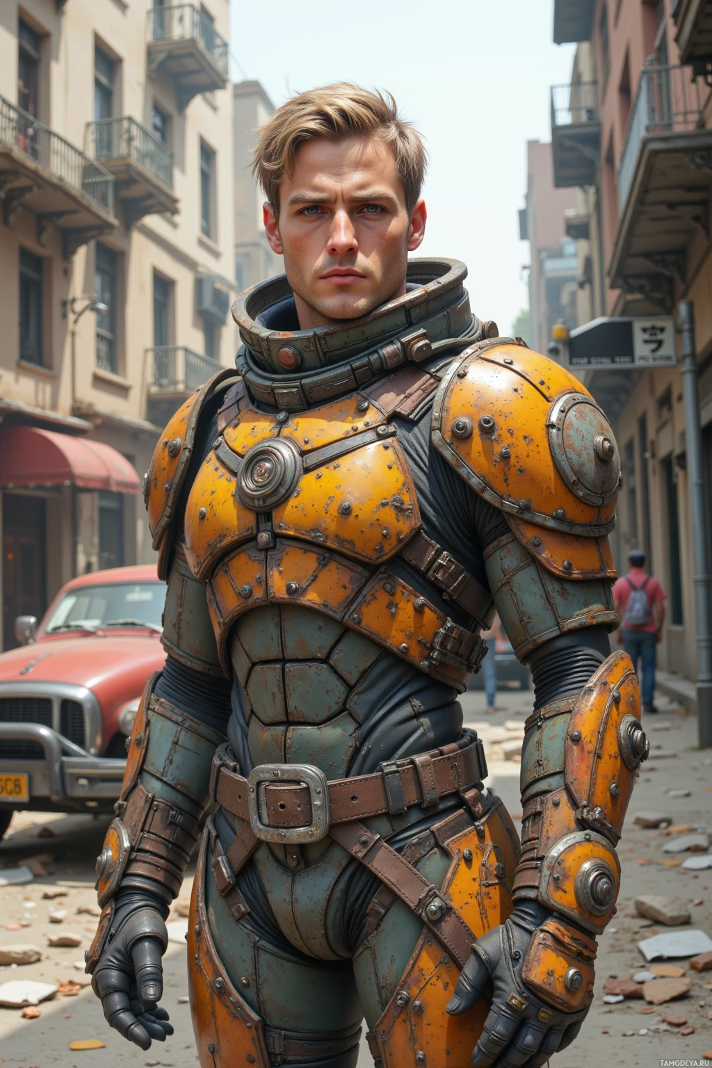 A person in a detailed, futuristic orange and green armored suit stands on a city street.