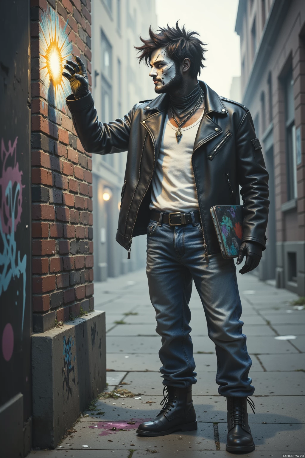 A man in a leather jacket and jeans stands in an alleyway, holding a colorful object.