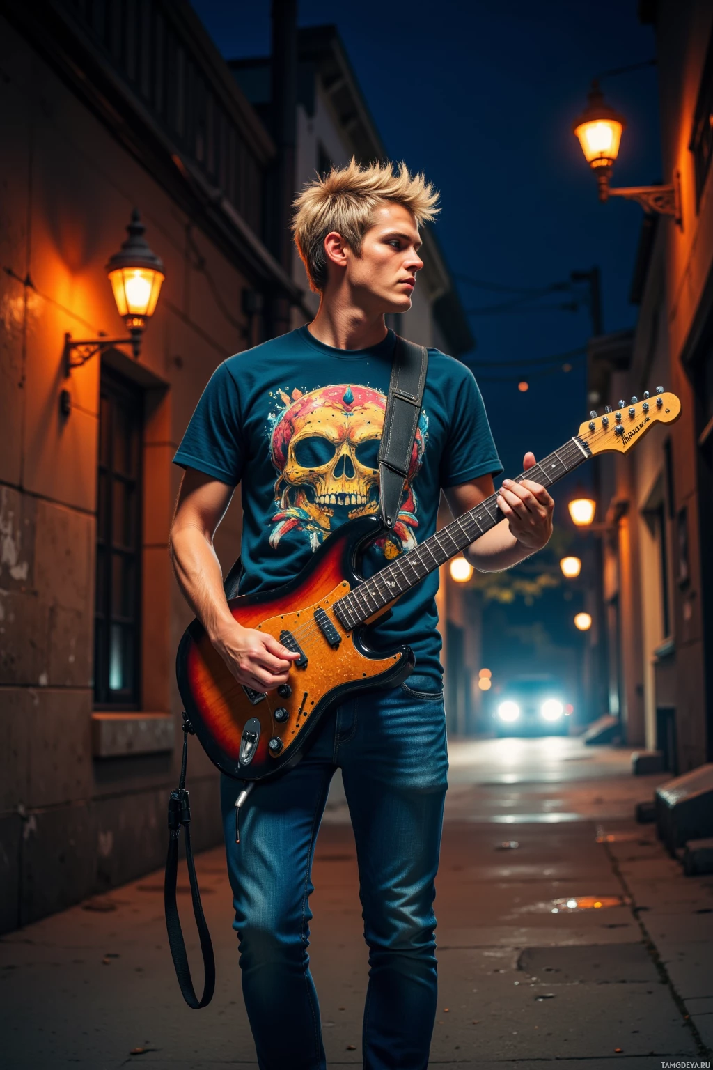 A young man stands on a street at night, holding a guitar and wearing a graphic t-shirt.