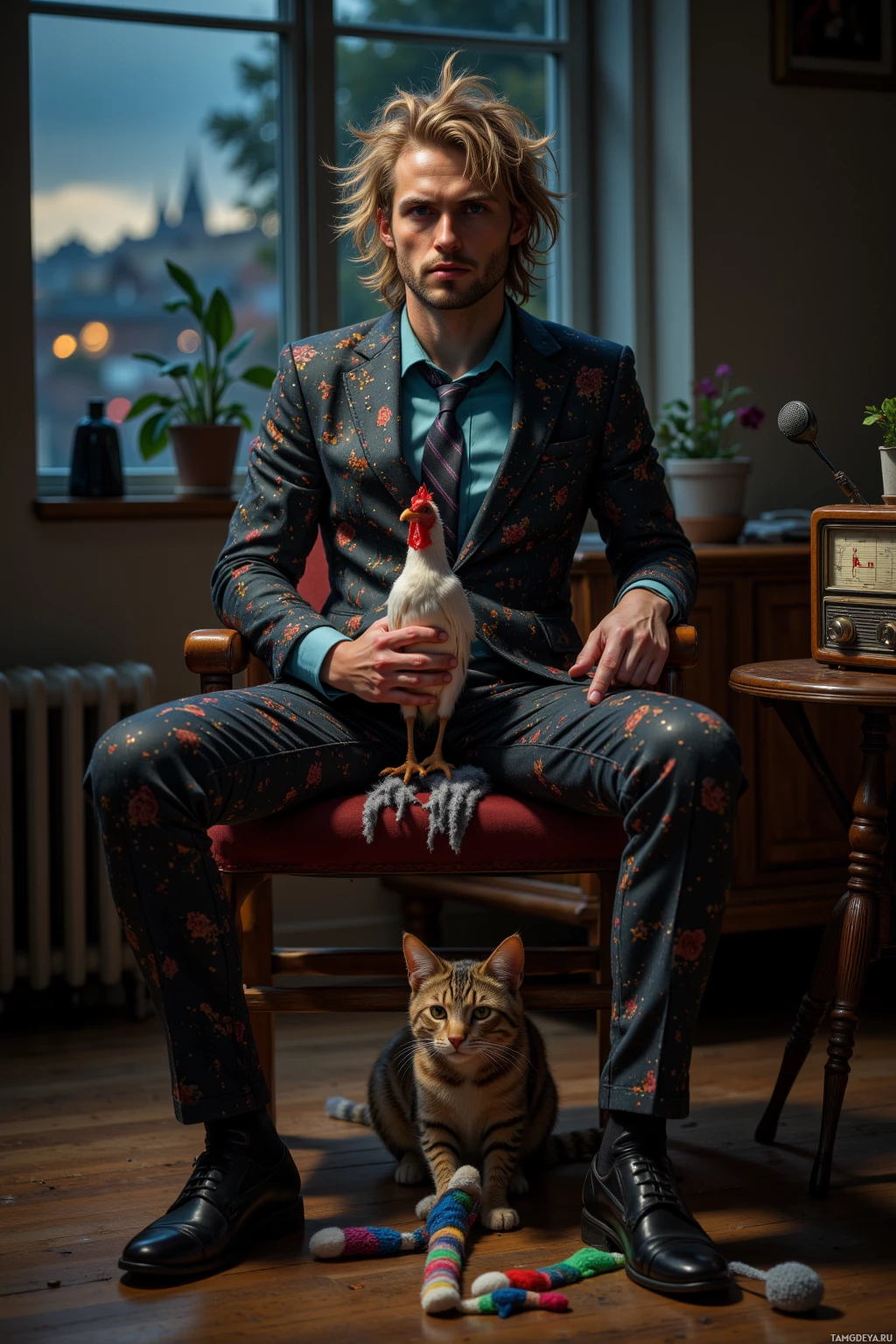 A man in a floral suit sits in a chair, holding a chicken, with a cat and a toy nearby.