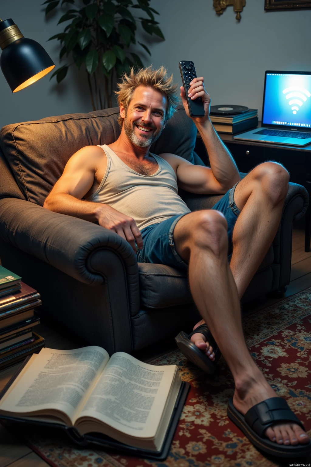 A man lounges on a couch, holding a remote, with an open book and a laptop nearby.