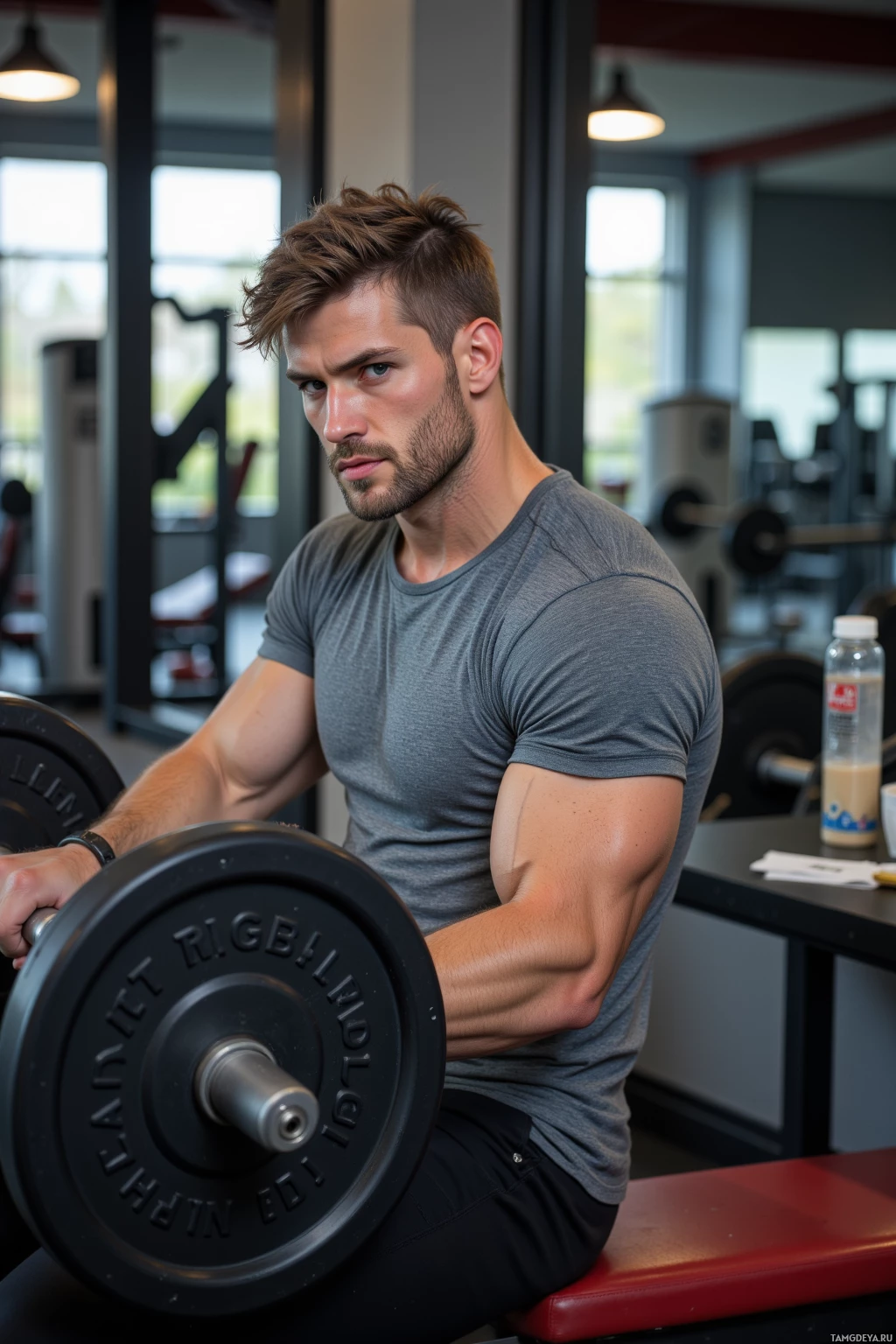 A man is working out in a gym, lifting a weight.