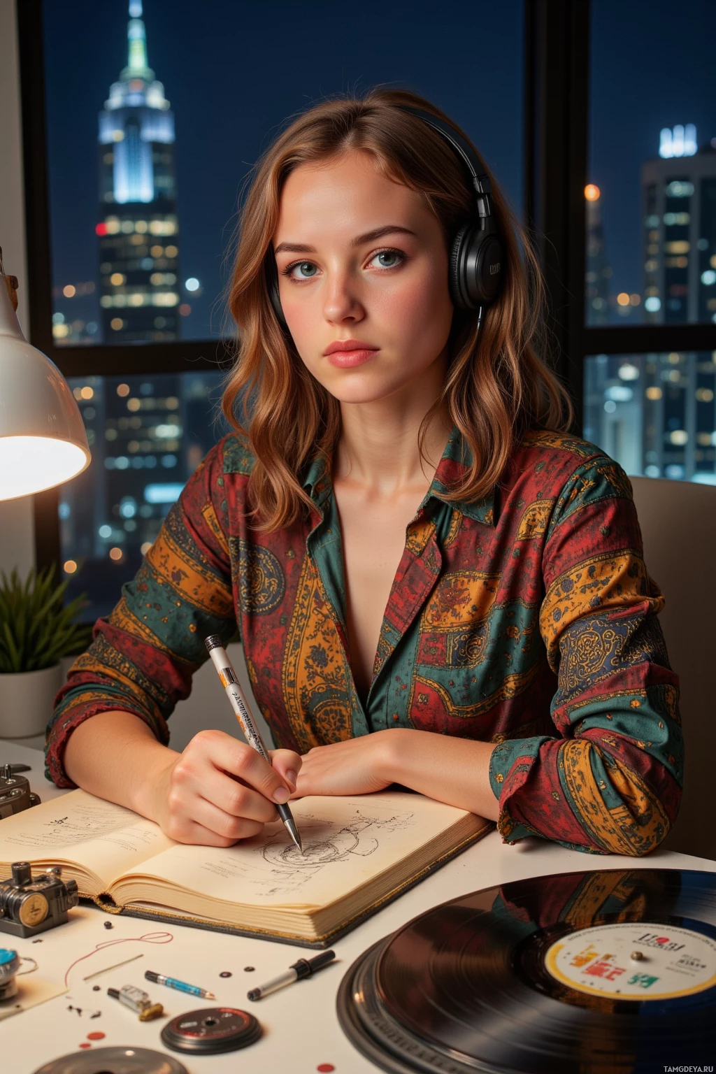 A person wearing headphones sits at a desk, writing in a notebook with a pen, surrounded by a cityscape at night.