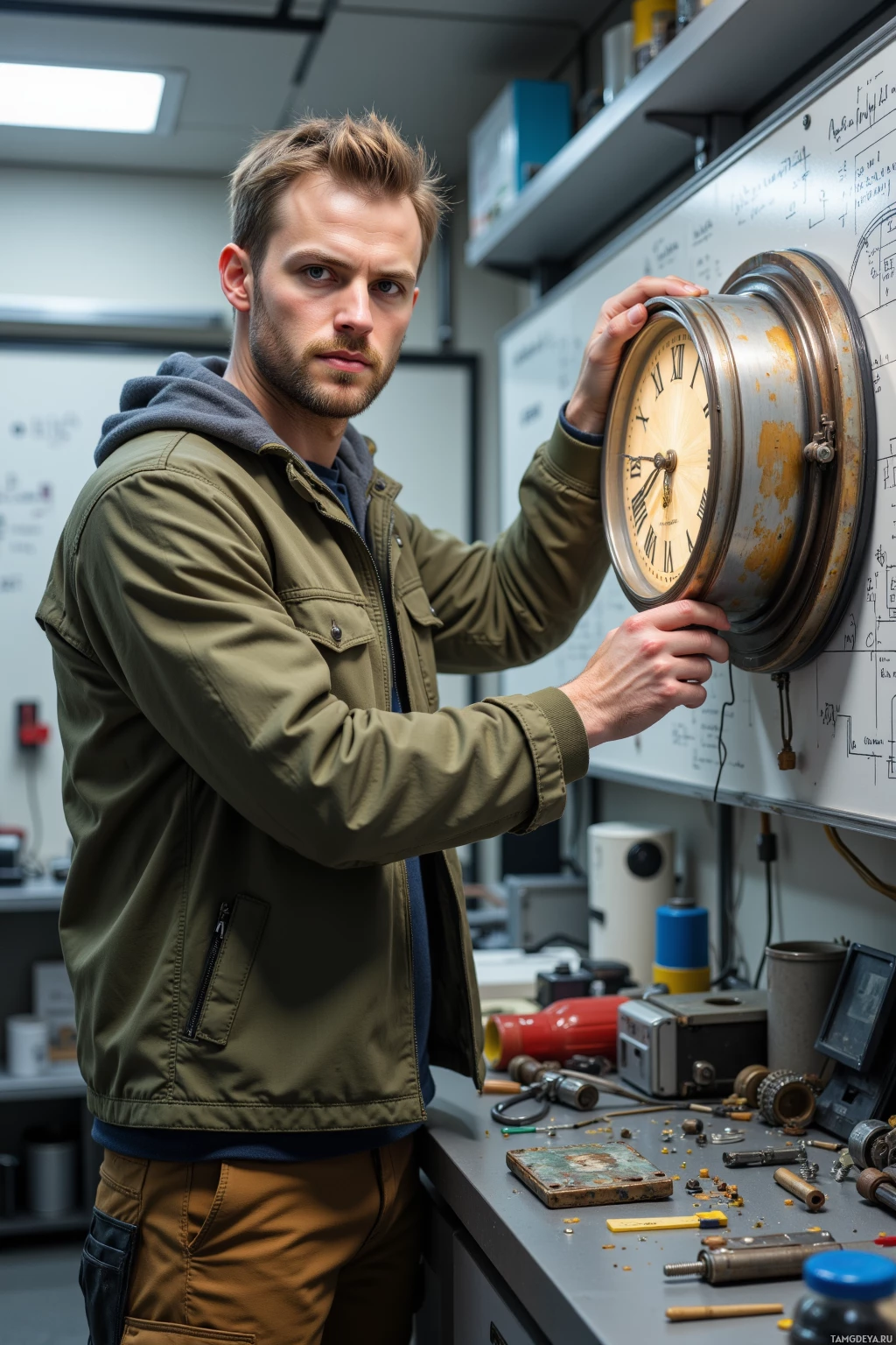A man in a workshop setting holds an old, rusted clock.