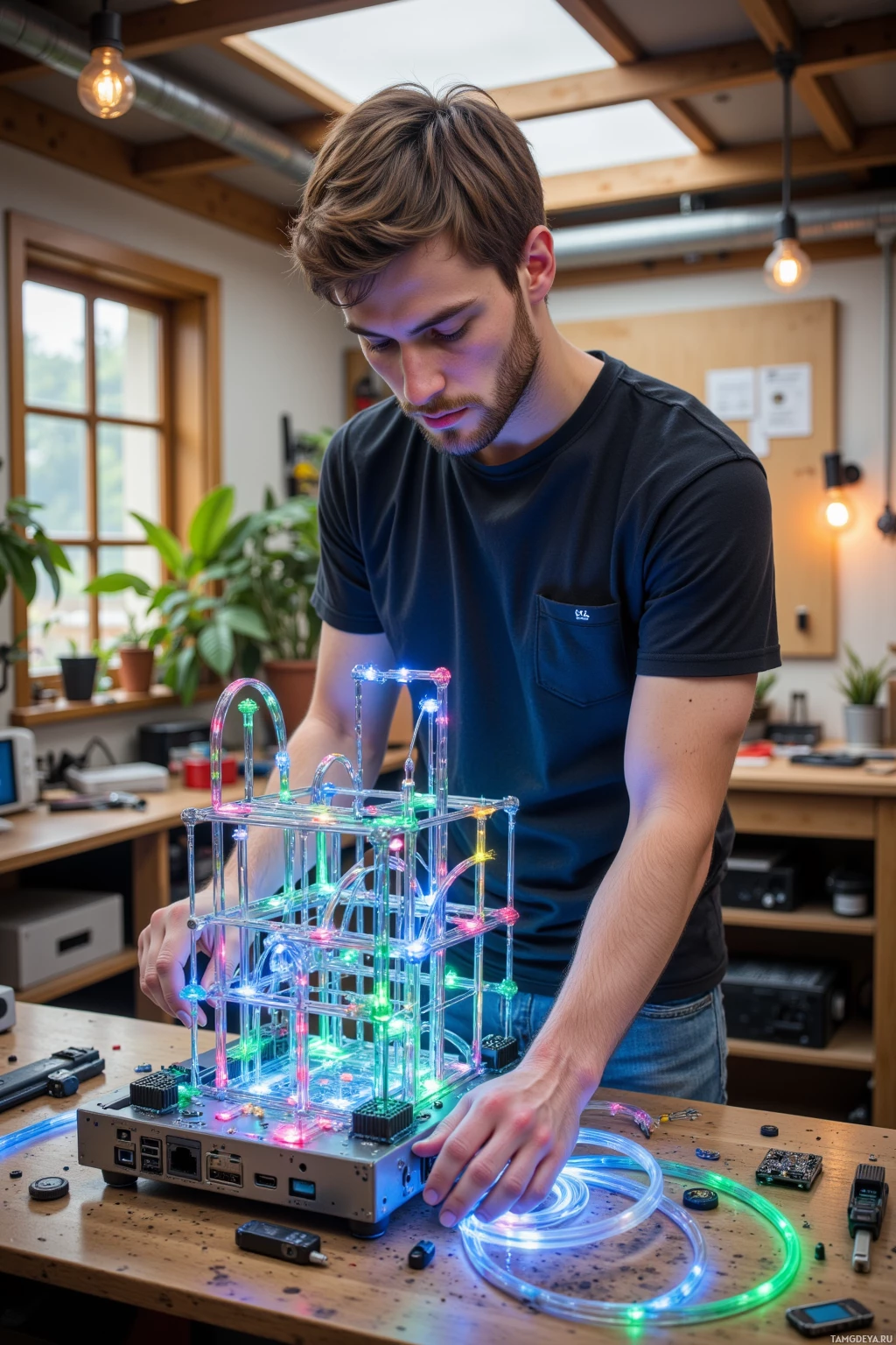 A person is assembling or working on a colorful electronic project with illuminated components in a workshop setting.
