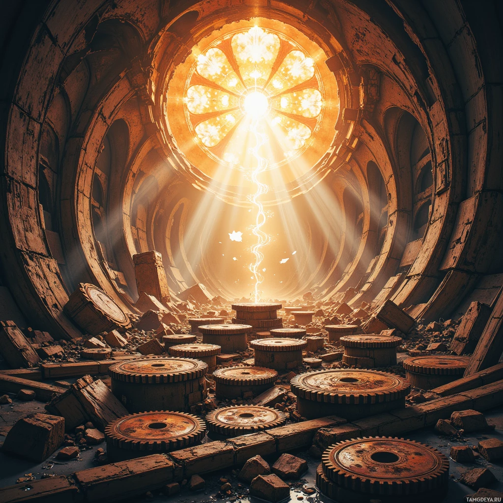 A dilapidated, sunlit interior with a glowing circular light at the top and scattered debris and gears on the floor.