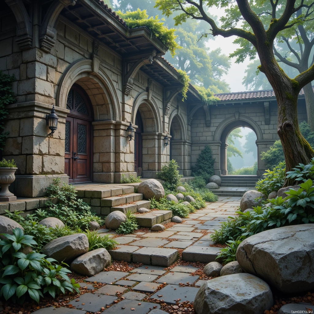A stone pathway leads to an arched entrance under a roofed portico surrounded by lush greenery.