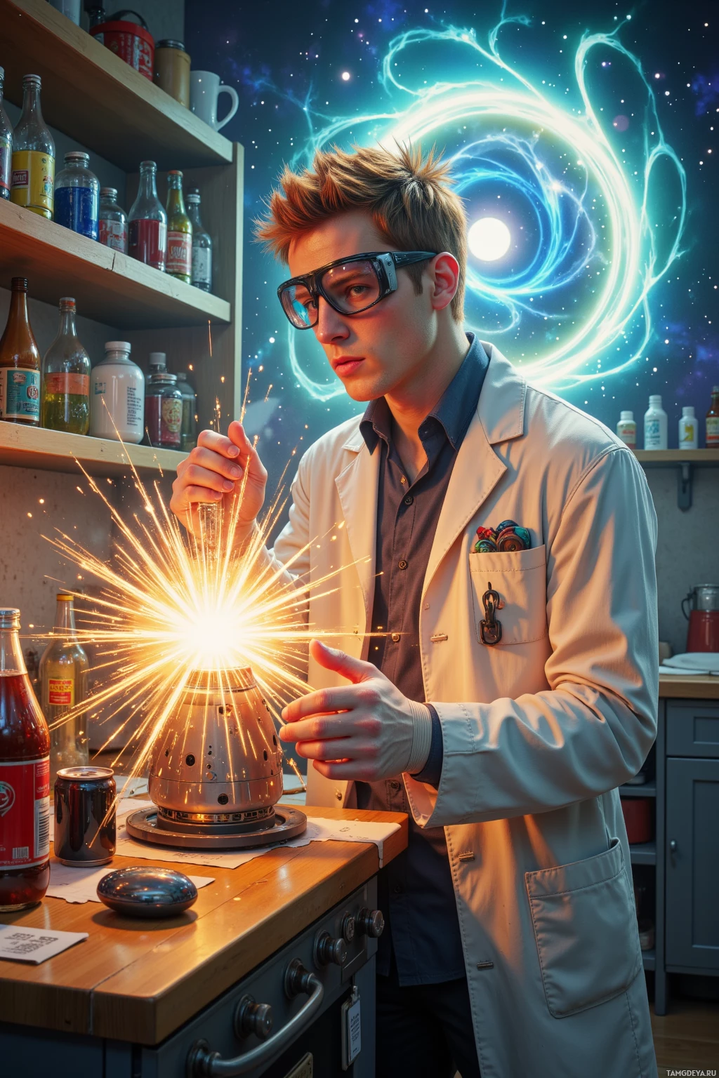 A scientist in a lab coat and safety goggles conducts an experiment with sparks and a glowing energy field in the background.