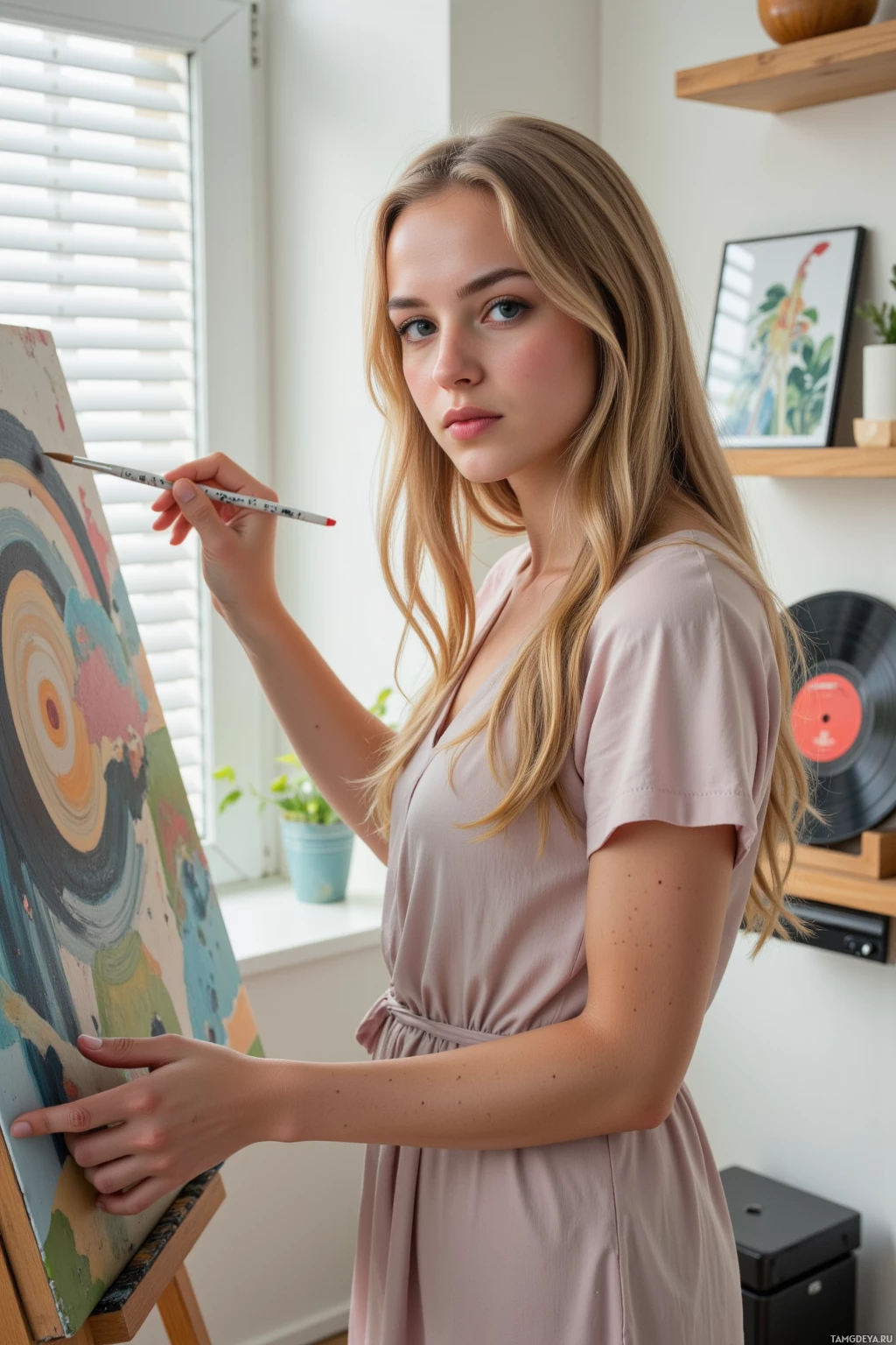 A person in a light pink dress is painting on an easel in a well-lit room.