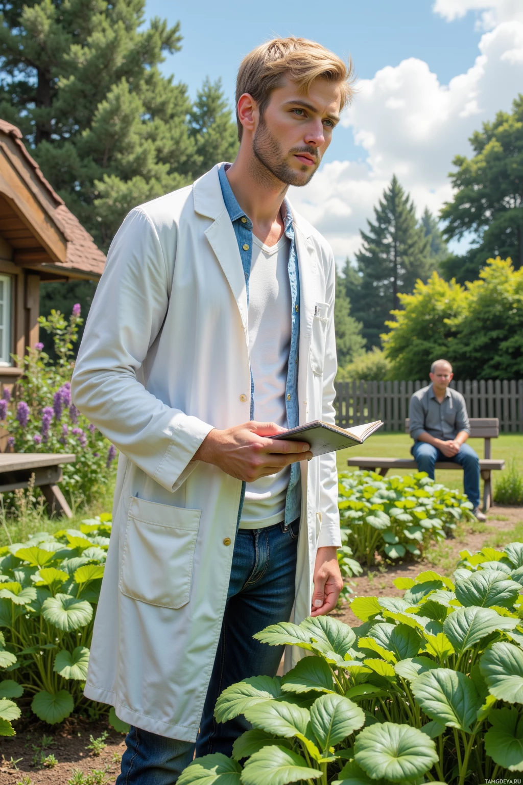 A man in a white lab coat stands in a garden, holding a book, with another person sitting on a bench in the background.