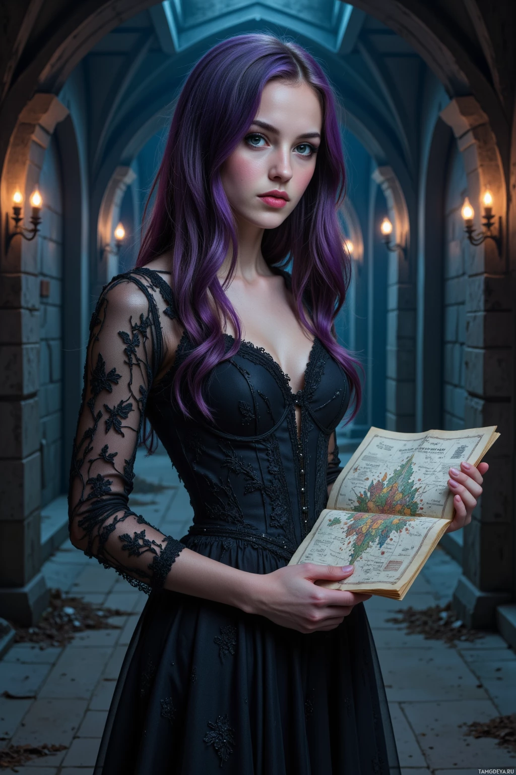 A woman with purple hair in a black dress holds an open book in a dimly lit, arched corridor.