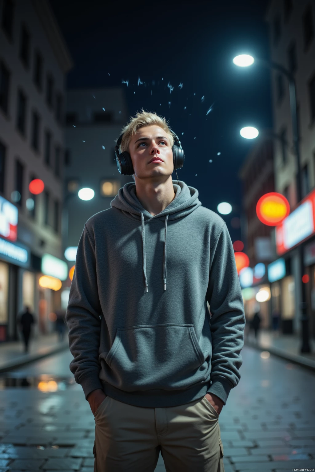 A young person wearing headphones and a hoodie stands on a city street at night.