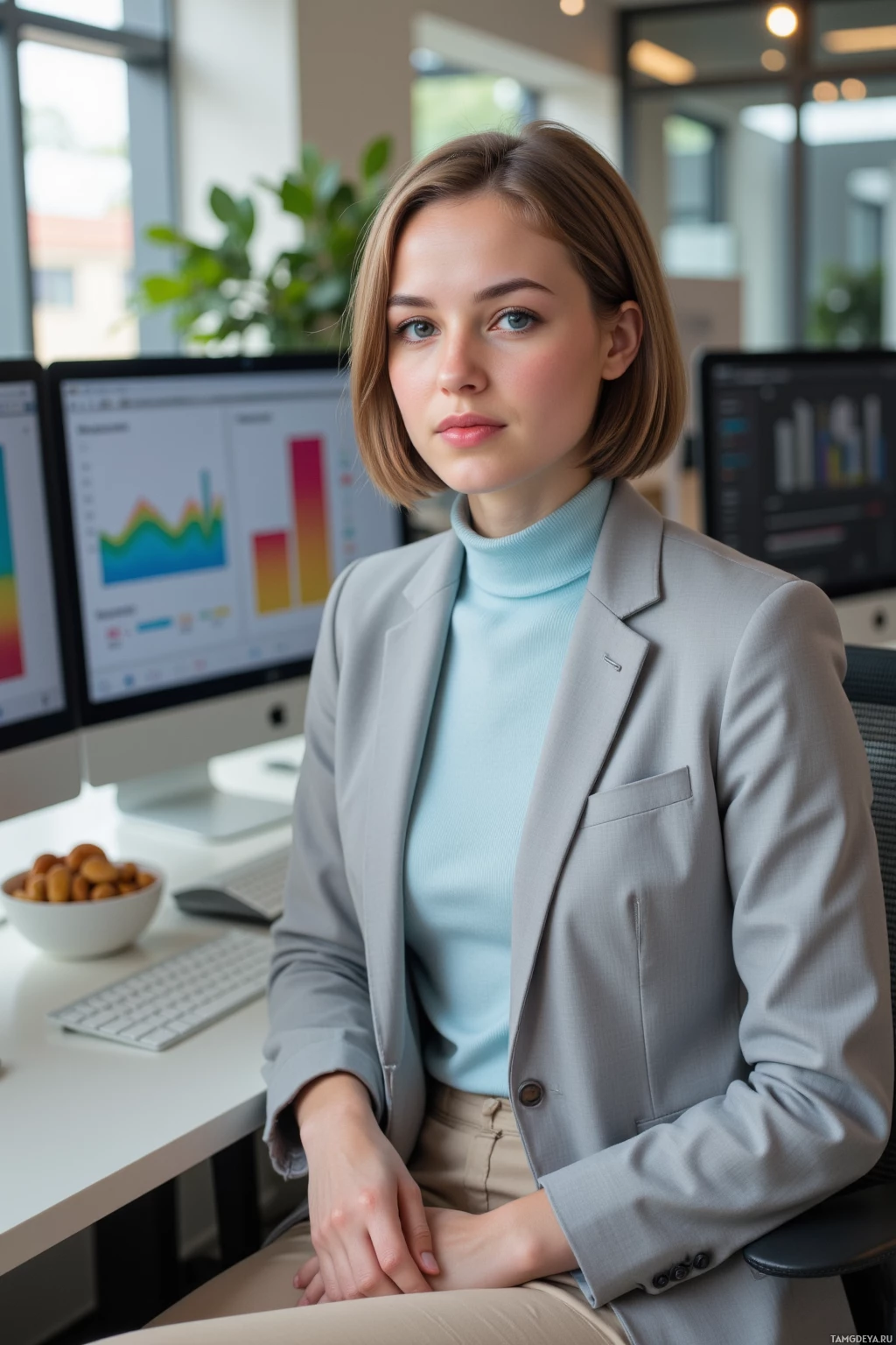 A woman in a professional setting, seated at a desk with a computer and a bowl of snacks.