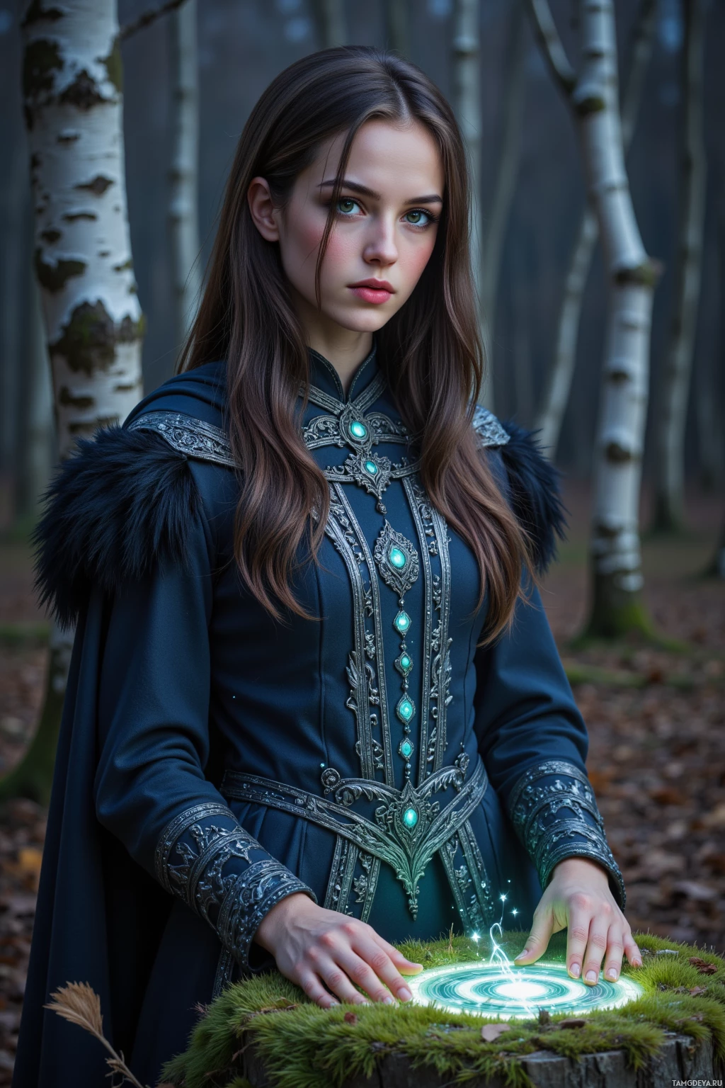 A woman in an ornate, dark green outfit stands in a forest, her hands resting on a glowing, circular object on the ground.