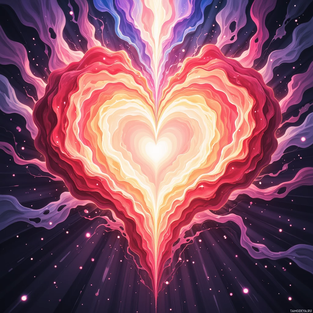 A vibrant, abstract heart shape with flowing, colorful waves and radiant light emanating from its center.