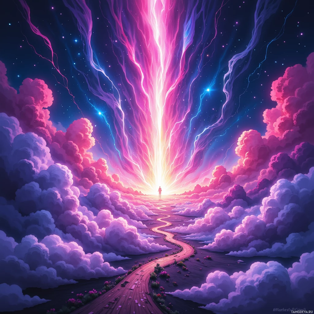 A vibrant, surreal landscape featuring a glowing path leading towards a radiant light source amidst colorful clouds and stars.