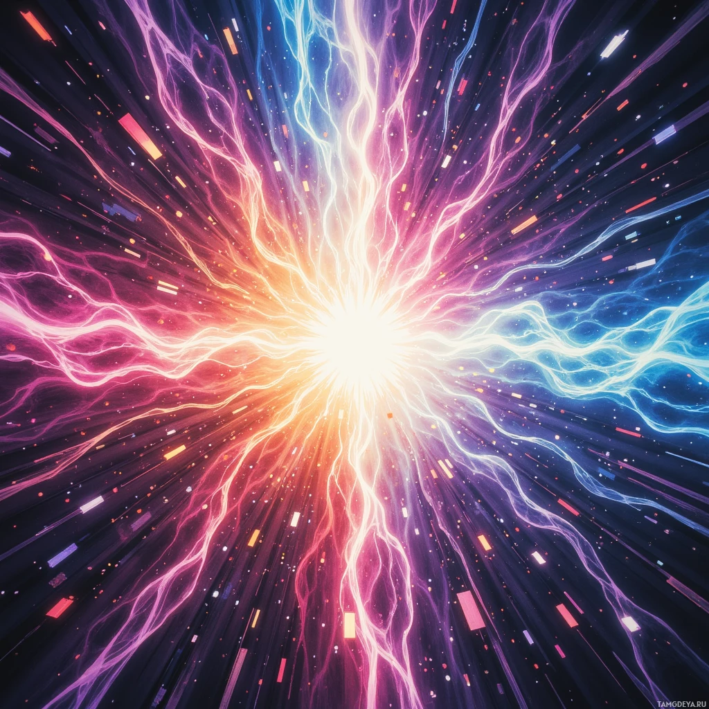 A vibrant cosmic explosion with radiant energy beams and glowing particles.