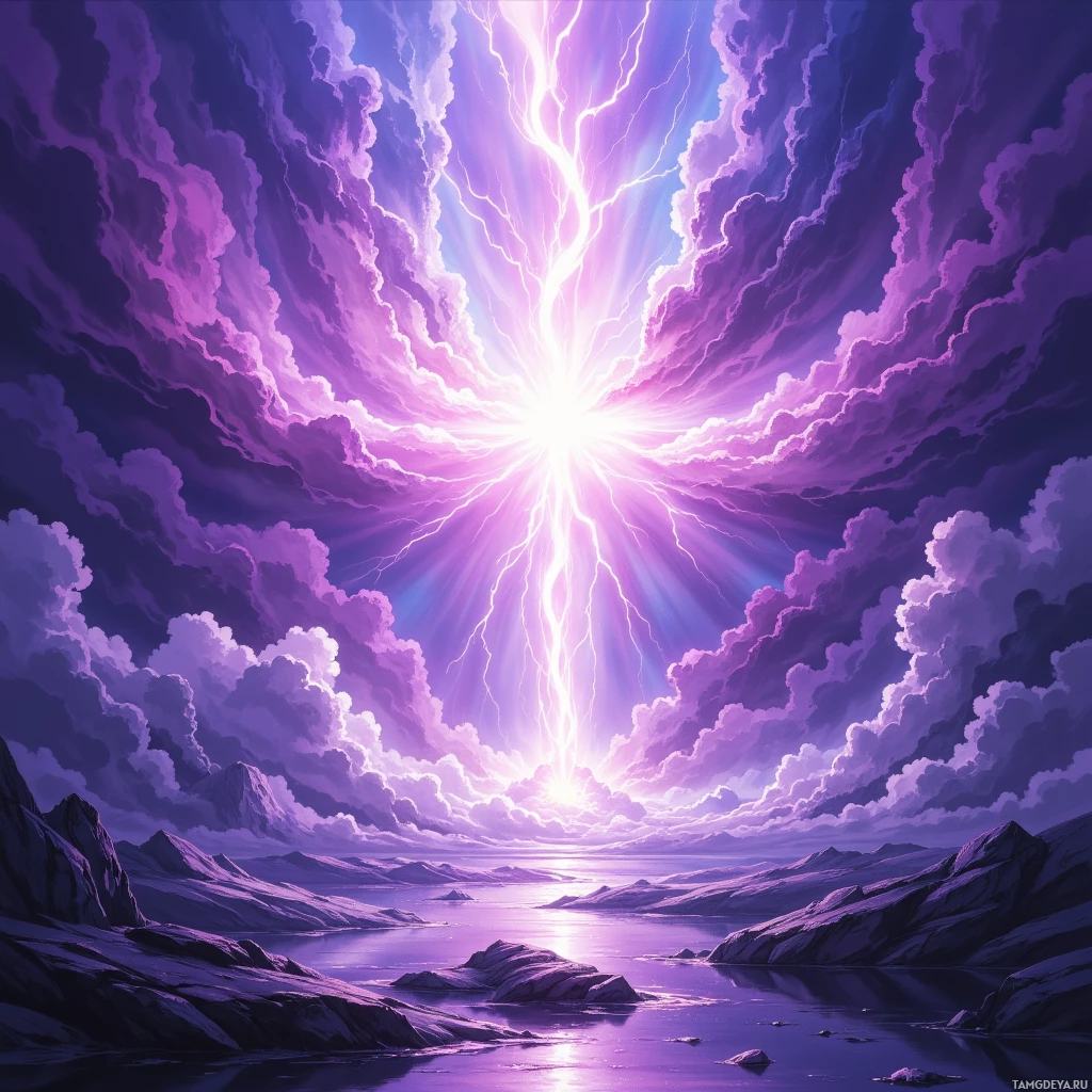 A vibrant, ethereal landscape featuring a radiant light source in the sky, casting a purple hue over a serene body of water and rugged mountains.