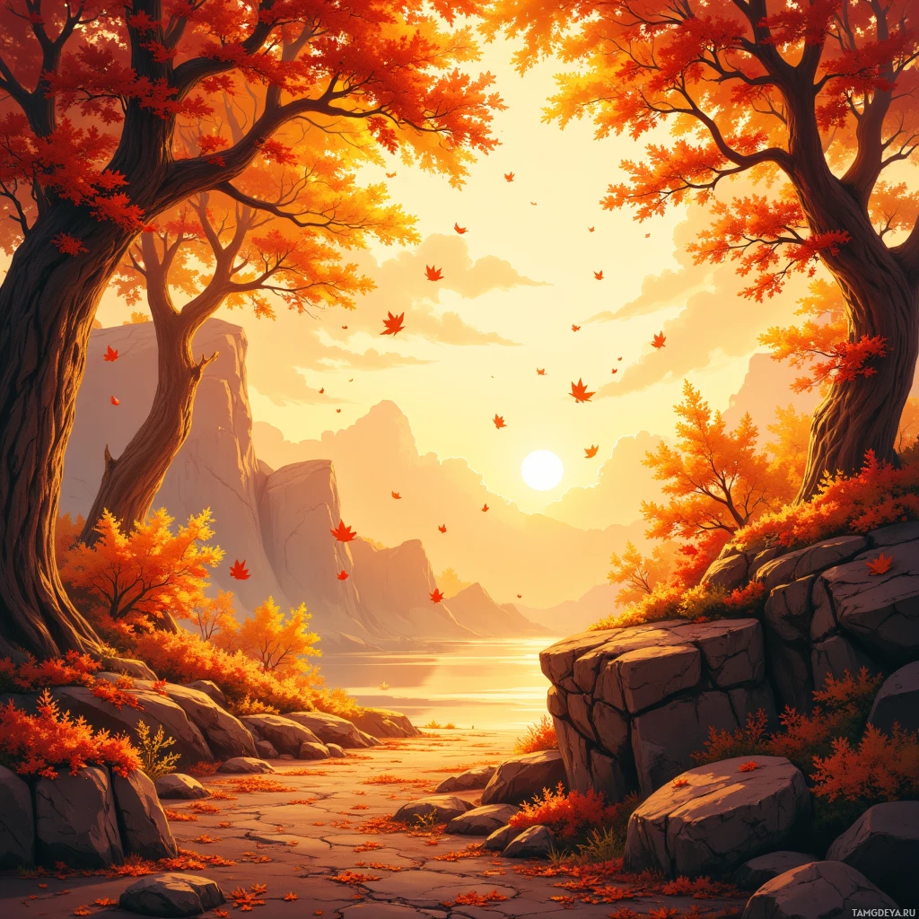 A serene autumn landscape with vibrant orange and red foliage, falling leaves, and a warm sunset over a calm body of water.