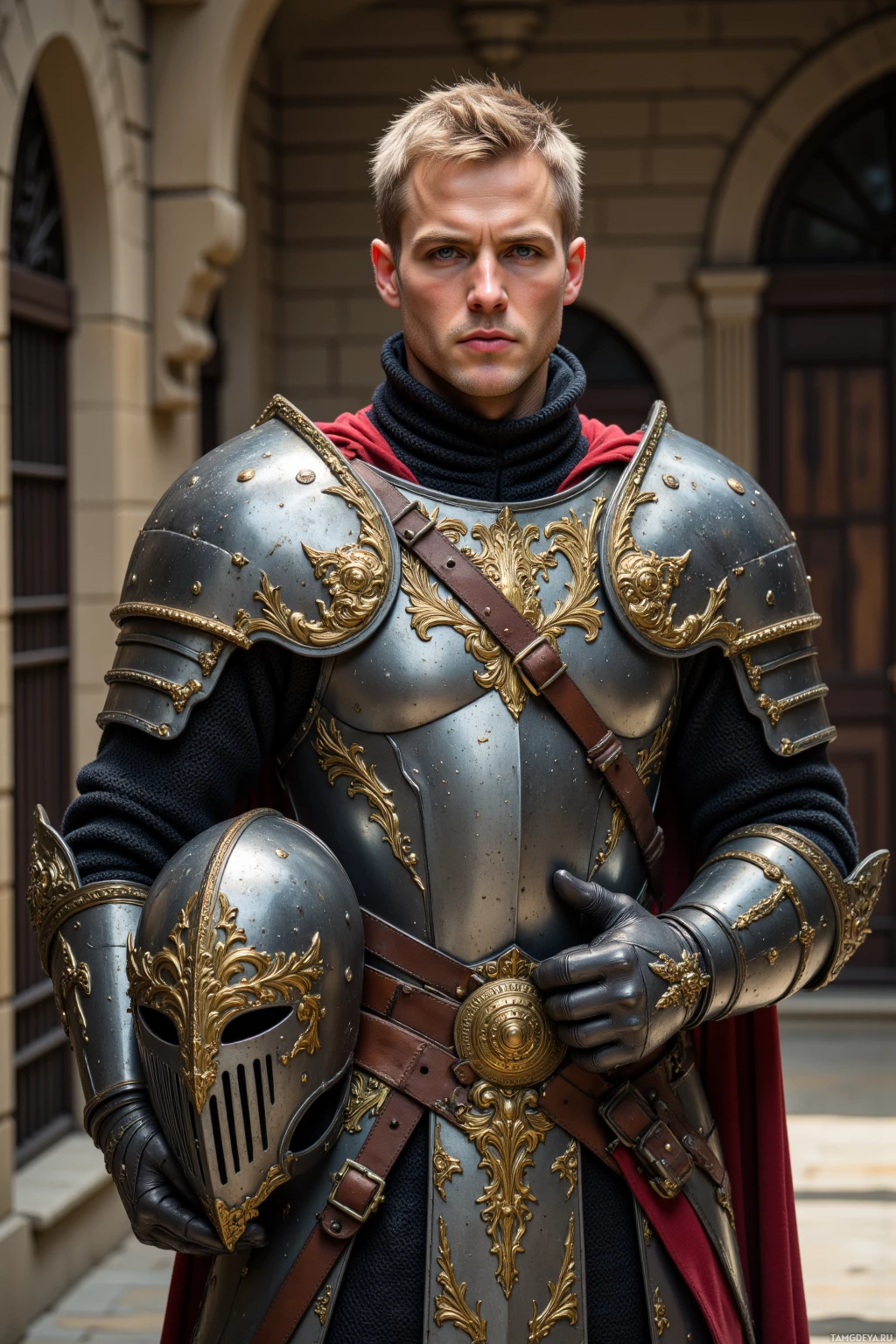 A knight in ornate armor stands in front of a stone building.