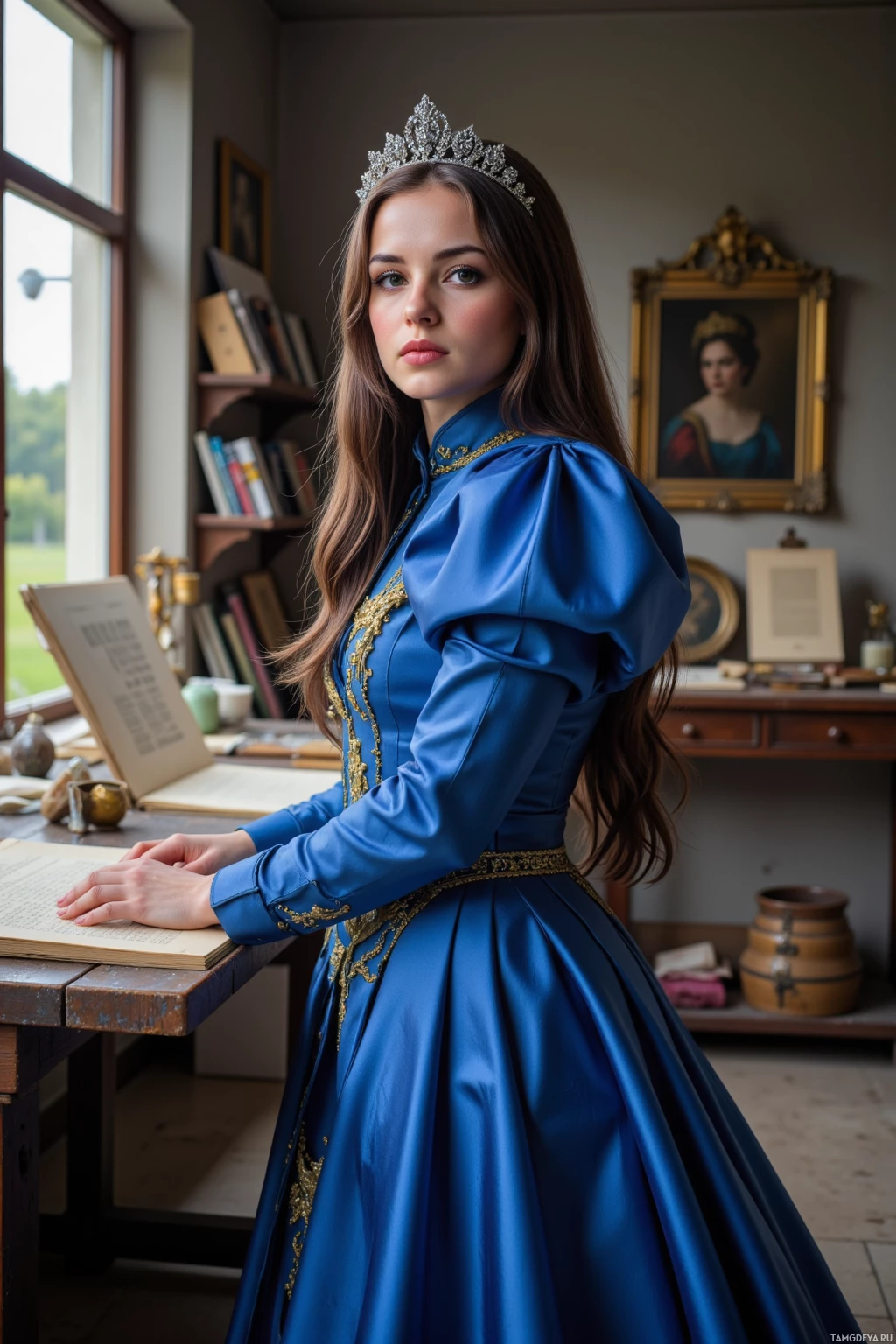 A woman in a blue historical dress with a crown stands in a room with books and a portrait.