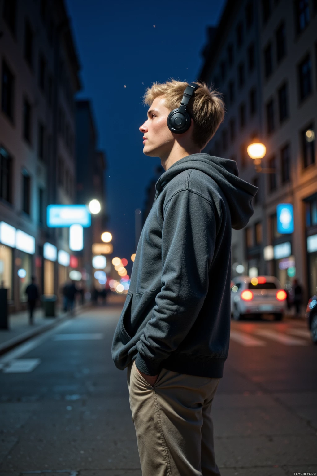 A young person wearing headphones and a hoodie stands on a city street at night.