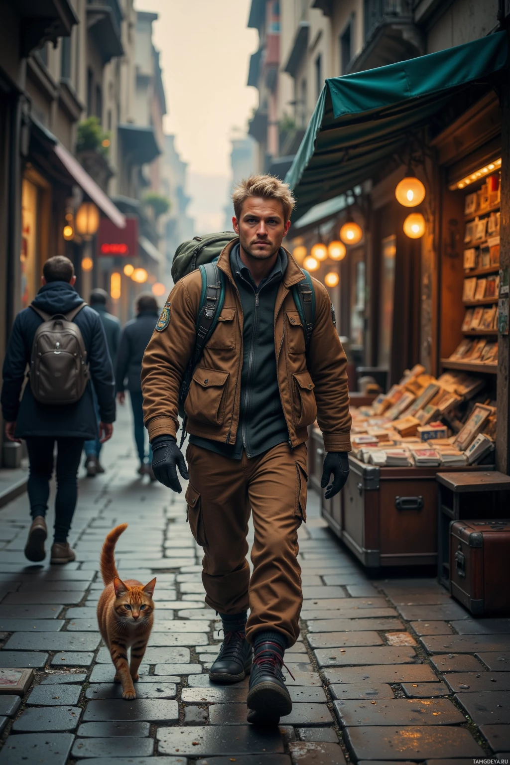 A man walks down a cobblestone street with a backpack, accompanied by a cat.