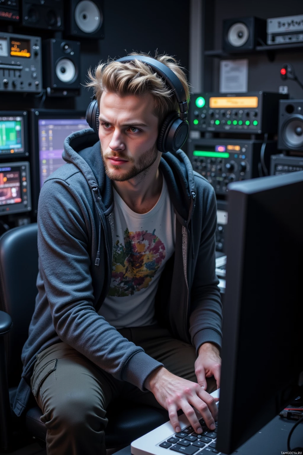 A person wearing headphones is seated in a studio, working on a computer.