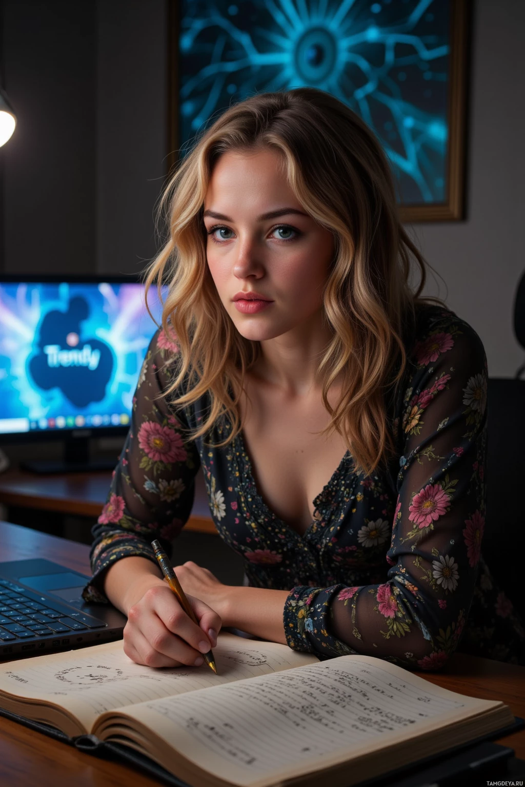 A woman is sitting at a desk, writing in a notebook with a pen.