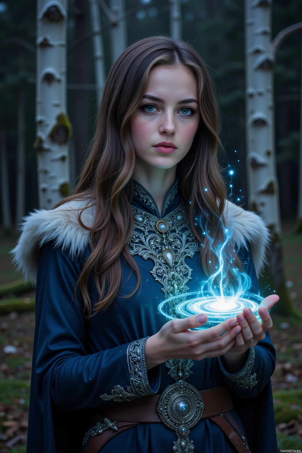 A person in a medieval-style outfit holds a glowing, magical orb in a forest setting.