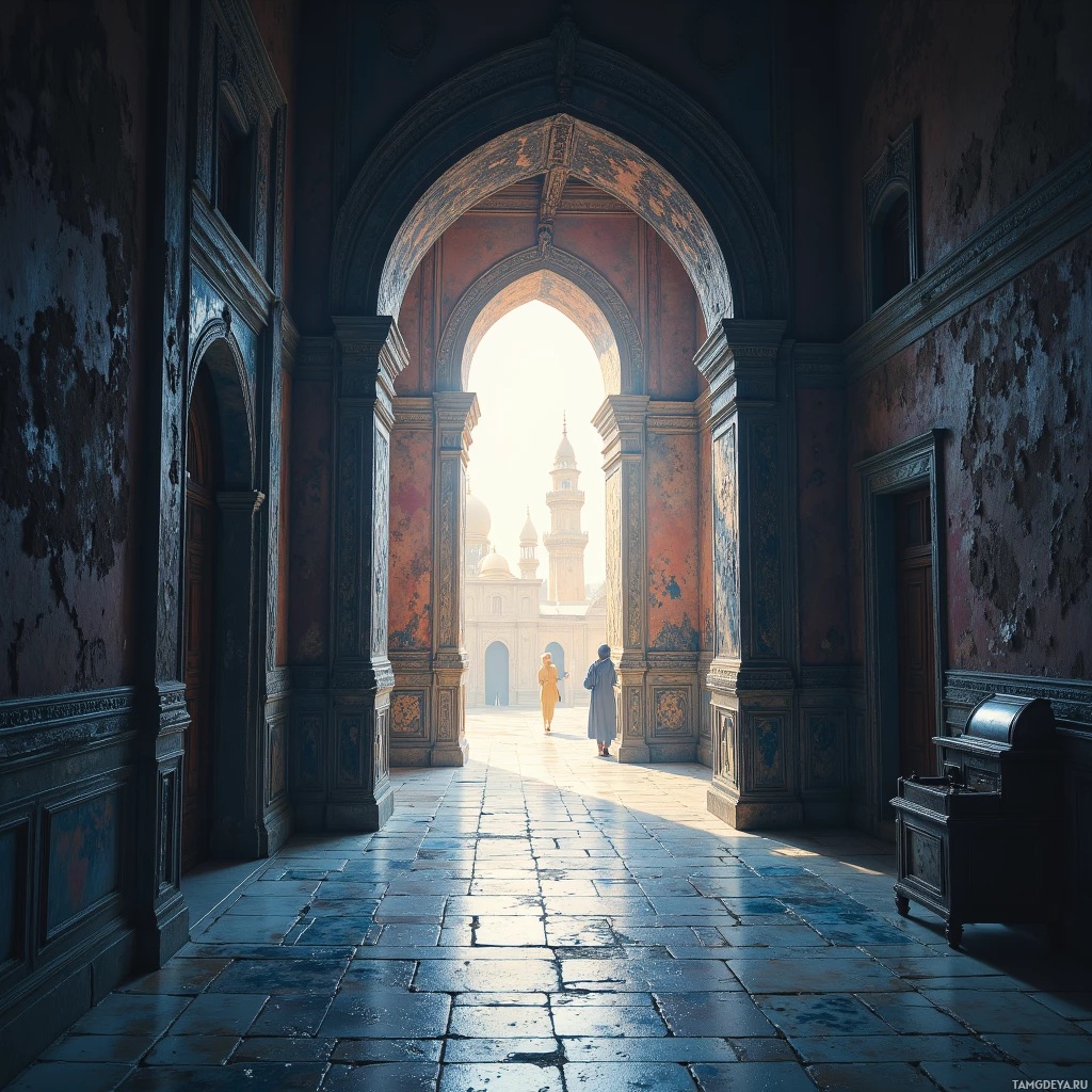 A grand, sunlit corridor with ornate architecture leads to a distant building.