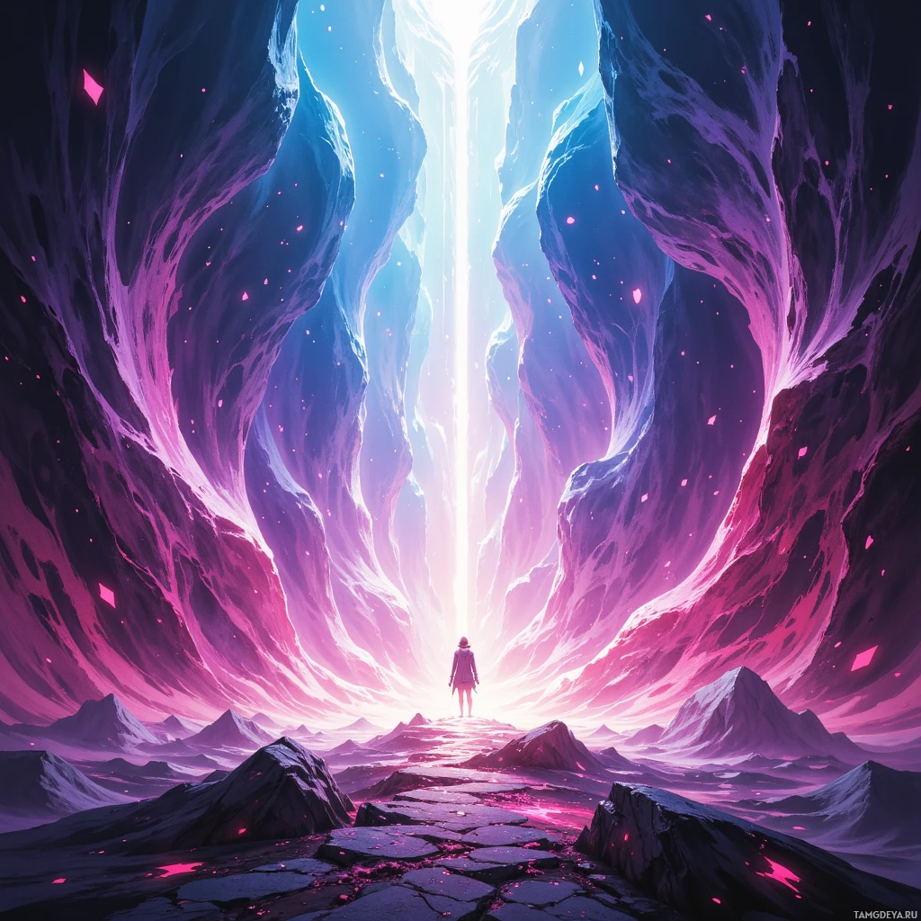 A lone figure stands at the base of a towering, ethereal canyon with glowing light at its peak.